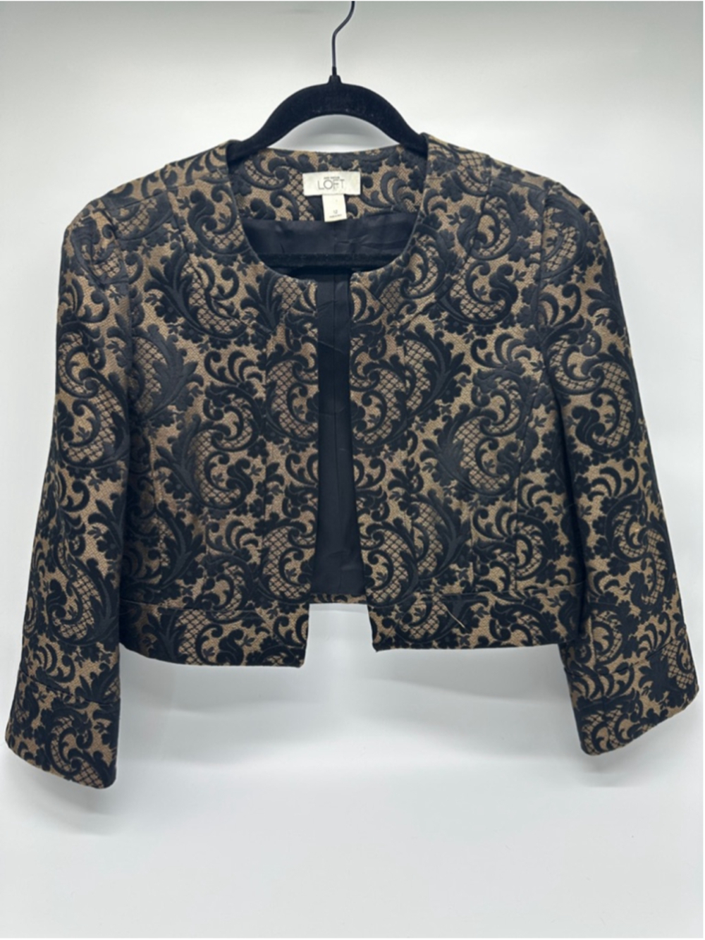 Ann Taylor LOFT Black Gold Brocade Cropped Jacket Size 12 - Picture 2 of 6